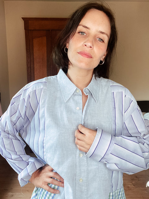 Hemd: pièce unique ( lichtblauw gestreept en groene ruitjes )