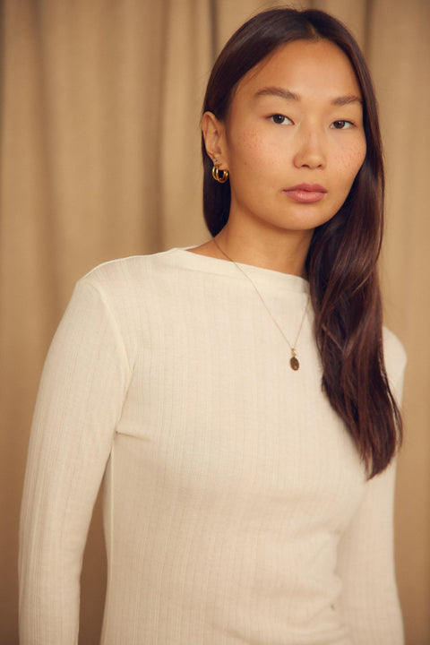 Fine rib long sleeve top ecru