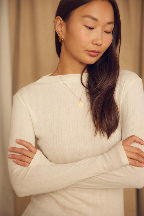 Fine rib long sleeve top ecru