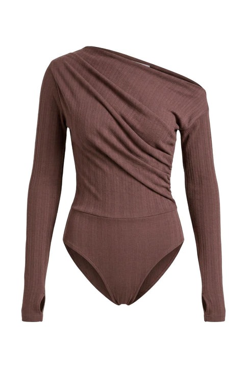 Fine rib drape bodysuit cocoa