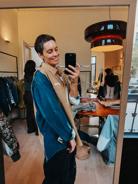 Classic shirt pièce unique III - camel & bleached denim