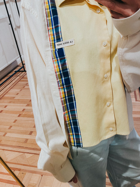 Cropped shirt: pièce unique VII 'La Seule Shop' (geel met ruitjesboord in blauw en rood)