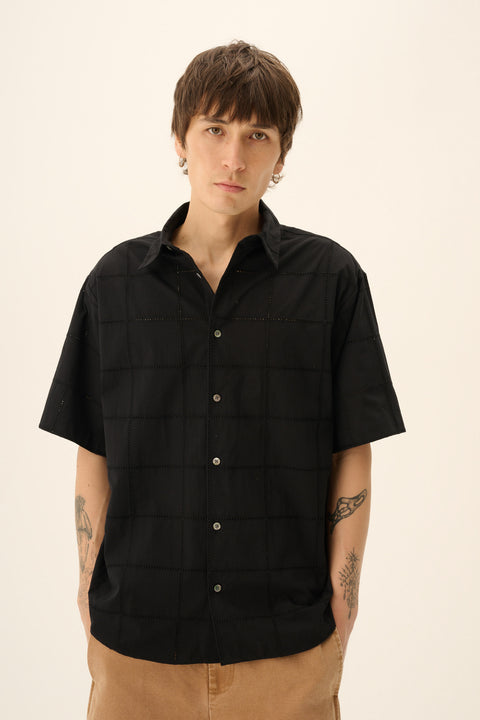 Hemd met korte mouwen 'Silvio' eyelet poplin - black