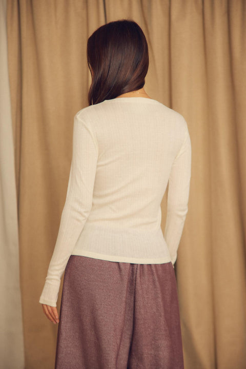 Fine rib long sleeve top ecru