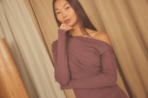 Fine rib drape bodysuit cocoa
