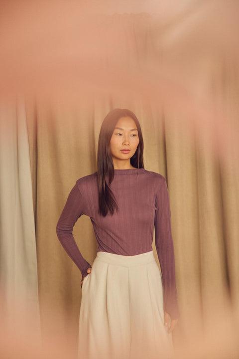 Fine rib long sleeve top cocoa