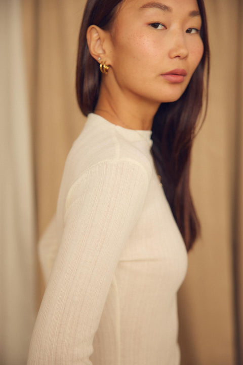 Fine rib long sleeve top ecru
