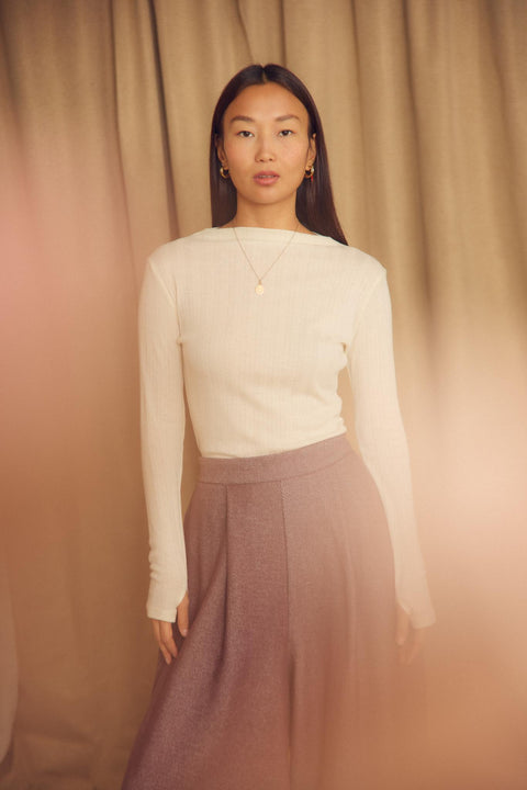 Fine rib long sleeve top ecru