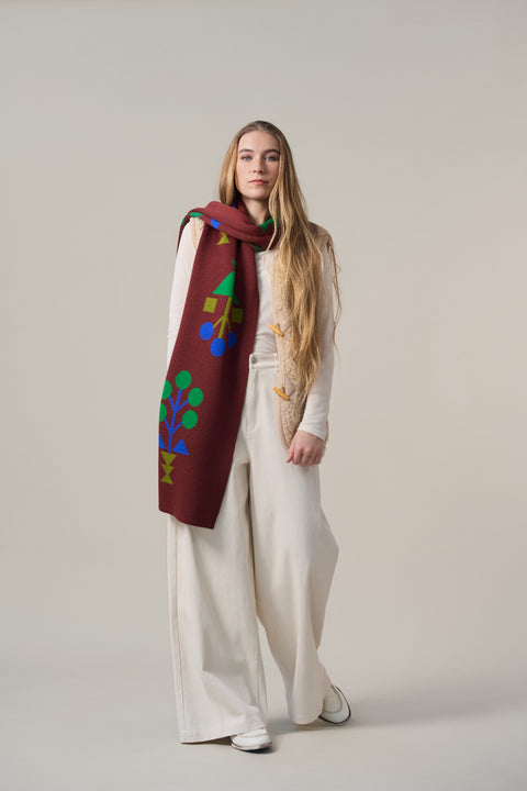 Wollen sjaal: mahonie / blauw / groen