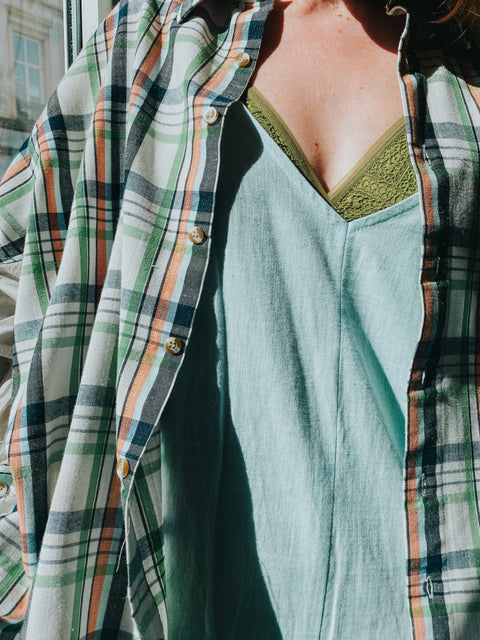 Extra sleeves shirt: pièce unique I 'La Seule Shop' (ruitpatroon in groen, oranje en donkergrijs)