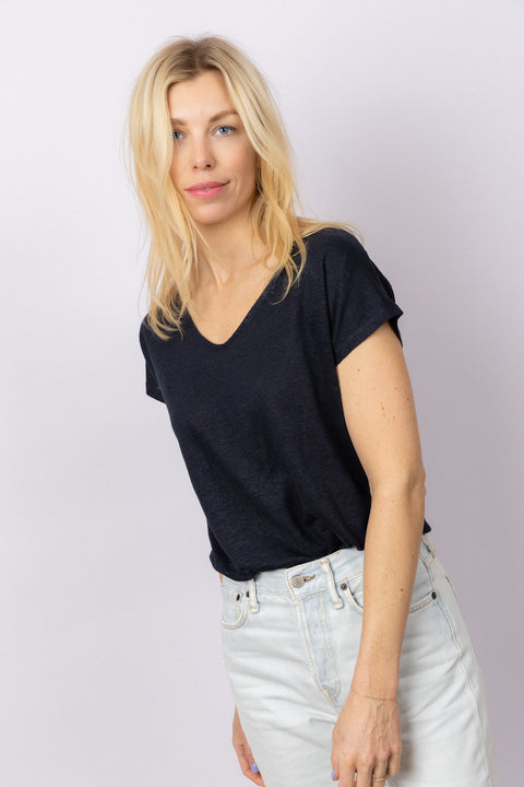 Linnen V-Neck t-shirt - Midnight Blue