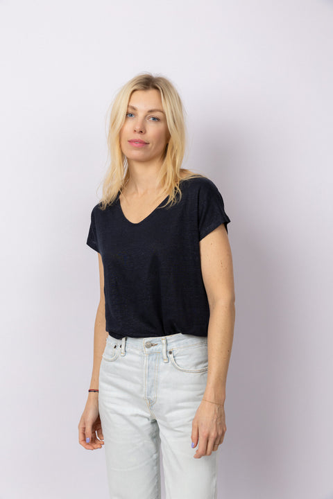 Linnen V-Neck t-shirt - Midnight Blue