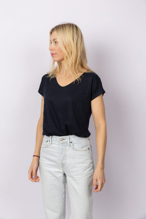 Linnen V-Neck t-shirt - Midnight Blue