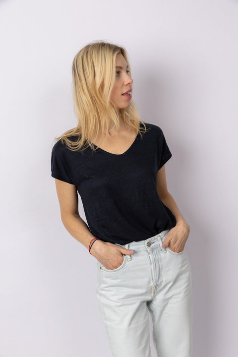 Linnen V-Neck t-shirt - Midnight Blue