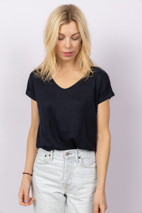 Linnen V-Neck t-shirt - Midnight Blue