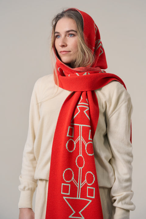 Wollen sjaal: rood / appelblauwzeegroen