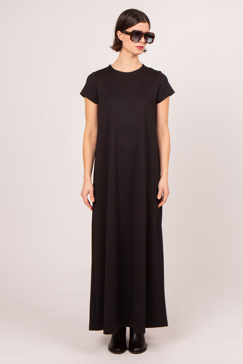 Zwarte lange jurk met korte mouwen (made in Belgium)
