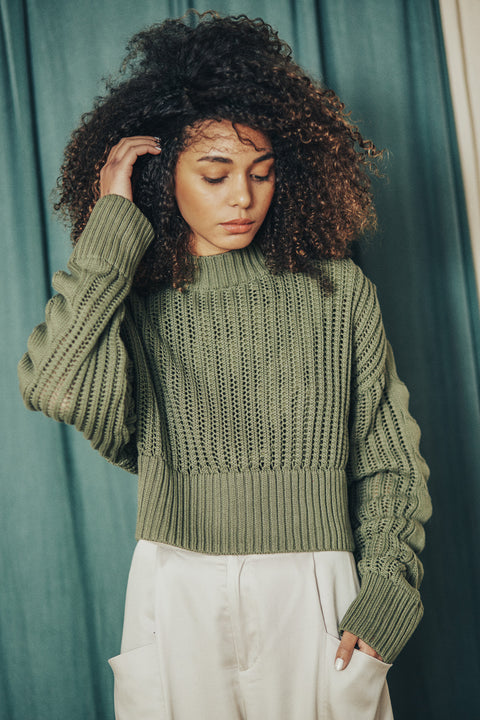 Cropped sweater uit biokatoen - salie