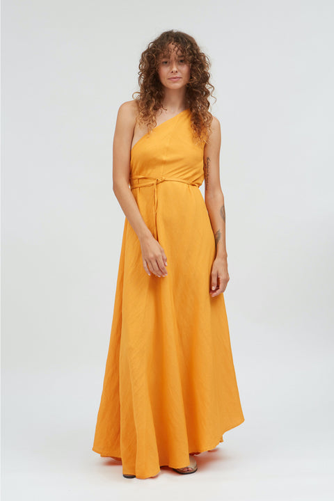 Lange jurk uit linnenmix - oranje (one size)