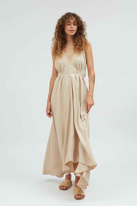 Lange jurk uit tencel en linnen - beige (one size)